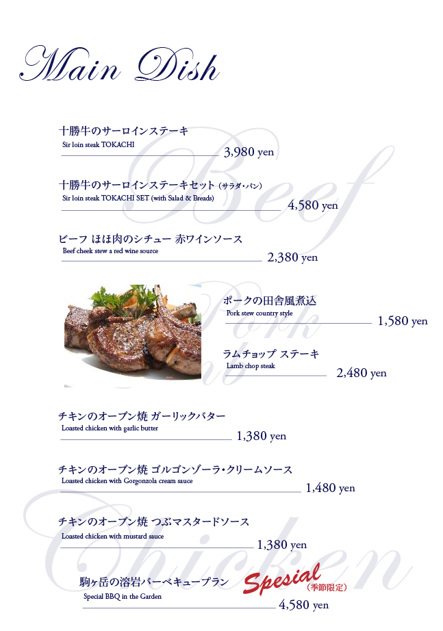 ワンデールのメインディッシュ : WANDALE's Main Dish Menu